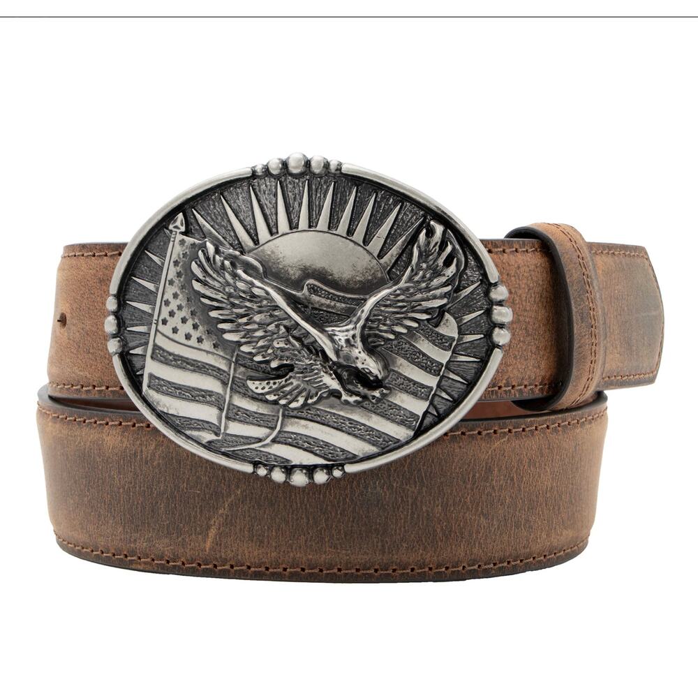 Men’s Small Leather Belt Eagle American Flag Buckle Western